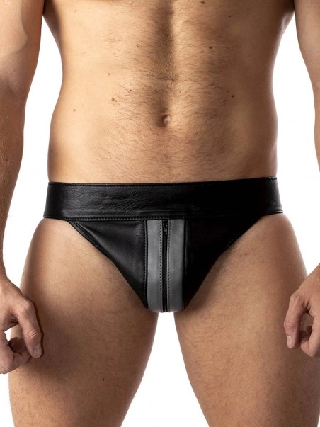 Rob Jockstrap Zippé Bandes Grises Cuir 1 Rob Jockstrap Zippé Bandes Grises Cuir